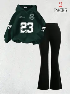 Women's 2-Pack 23 Print Bow Decor Long Sleeve Hoodie & High Waist Flare Pants Set, Soft Fleece Fabric, Casual Streetwear Loungewear, Womenswear, Beige Navy Black Red White Pink Brown Grey Dark Green Sky Blue Available