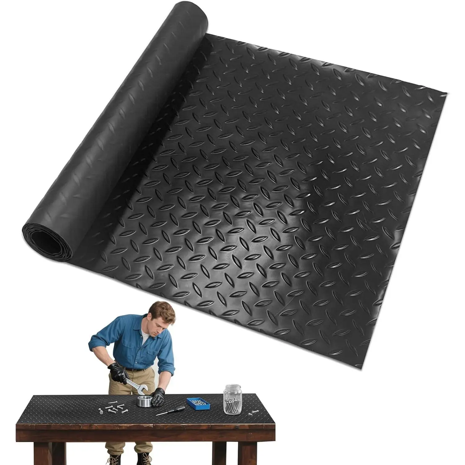 48x17 in (48inch x 17inch) 1.5mm Thick PVC Workbench Mat - Non-Slip Steel Plate Texture, Scratch-Resistant, Stain-Resistant for Woodworking, Crafts, Tool Protection
