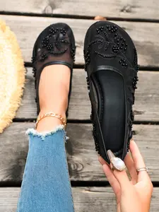 Girls' Flat Lace Breathable Ballet Dance Shoes, Pearl Flower Decoration, Comfortable Elegant Design, Lightweight Formal Shoes, Ballerina Shoes