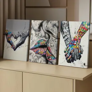 Wood Framed Canvas Kiss & Hands Graffiti Wall Art, Ready-To-Hang Pop Art Couple Artwork, Perfect for Living Room, Bedroom, Dorm