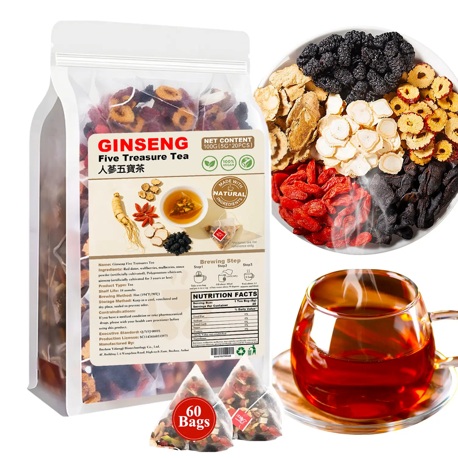 Daily Liver Detox Tea – Organic Ginseng Five Treasure Blend with Goji, Red Dates & Mulberry – Support Toxin Removal & Metabolism (60 Bags) Natural Antioxidant Herbal Beverage Sweet