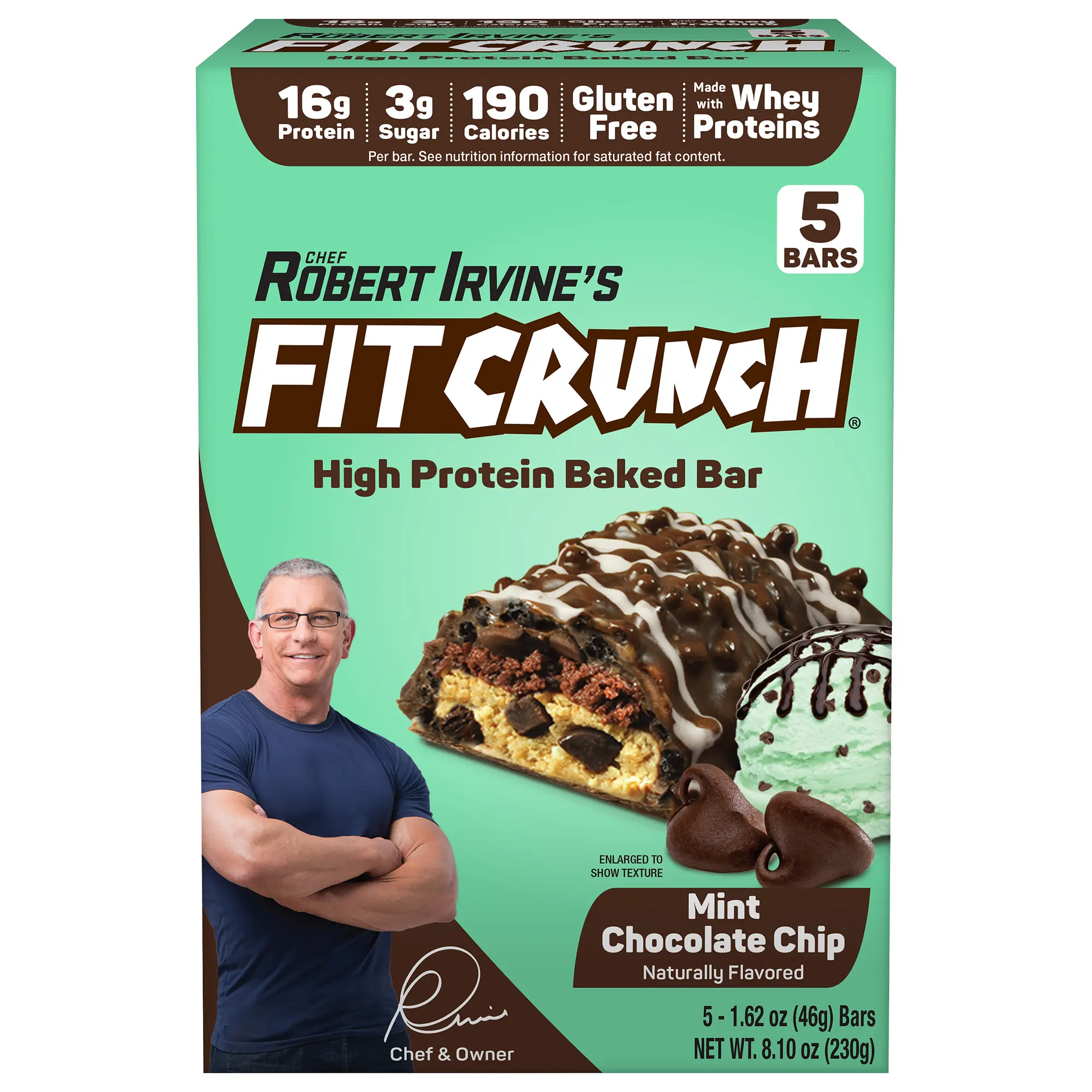 FITCRUNCH Mint Chocolate Chip, High Protein Baked Bar, 16g Protein, 5ct Snack Flavor