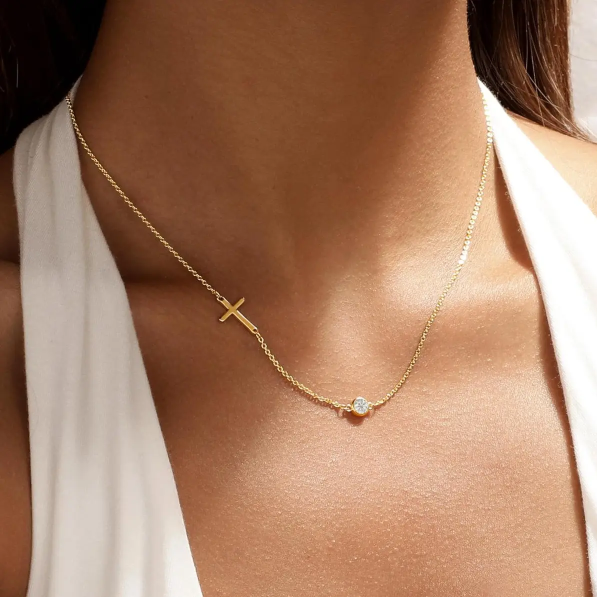 Gold Plated Cross Birthstone Necklace, Cross Birthstone Pendant Necklace for Women, Tiny Sideway Cross Choker Necklace, Trendy Christmas Gift for Women