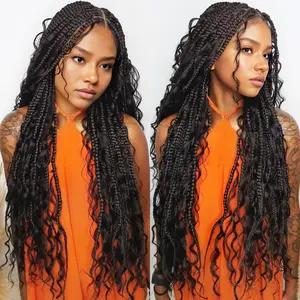 Boho Braided Wig 36Inch Full Lace Premium Synthetic Knotless Box Braid Wig with Baby Hair Bohemian Curly Ends