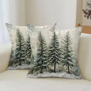 JIT 2-piece set snow, pine tree, forest flat print cushion covers, cute pillowcases, tatami decorative cushion covers, festive decorative pillow covers, living room bedroom sofa decorative pillow covers, gift for family (pillow insert not included)