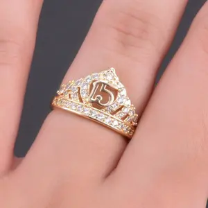 Cute 14k Gold Plated Crown Ring Mexican 15th Wedding Anniversary Gift for Women