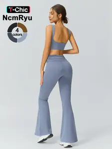 Women's Patchwork High Elastic Soft Naked Sense Square Hollow-out Back Bra Stacked Waist Trousers Yoga Clothes suit Outdoor Running Cycling Bra Flared Pants Gym sports training Ruched Sports Flare, Yoga Outfit Set