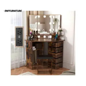 New 2024  VOWNER Corner Makeup Outlet Vanity Desk Mirror Lights 3 Color Brighess Adjustable With 5 Rotating Drawers And Stool For Girls Women Cloakroom Decor