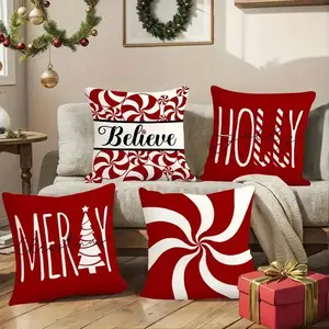 4Pcs Christmas Decorative Pillow Set, Red Candy Cane Porch Pillow Cover, Single-Sided Linen Print, Winter Holiday Gift, Cushion Cover Home Decor