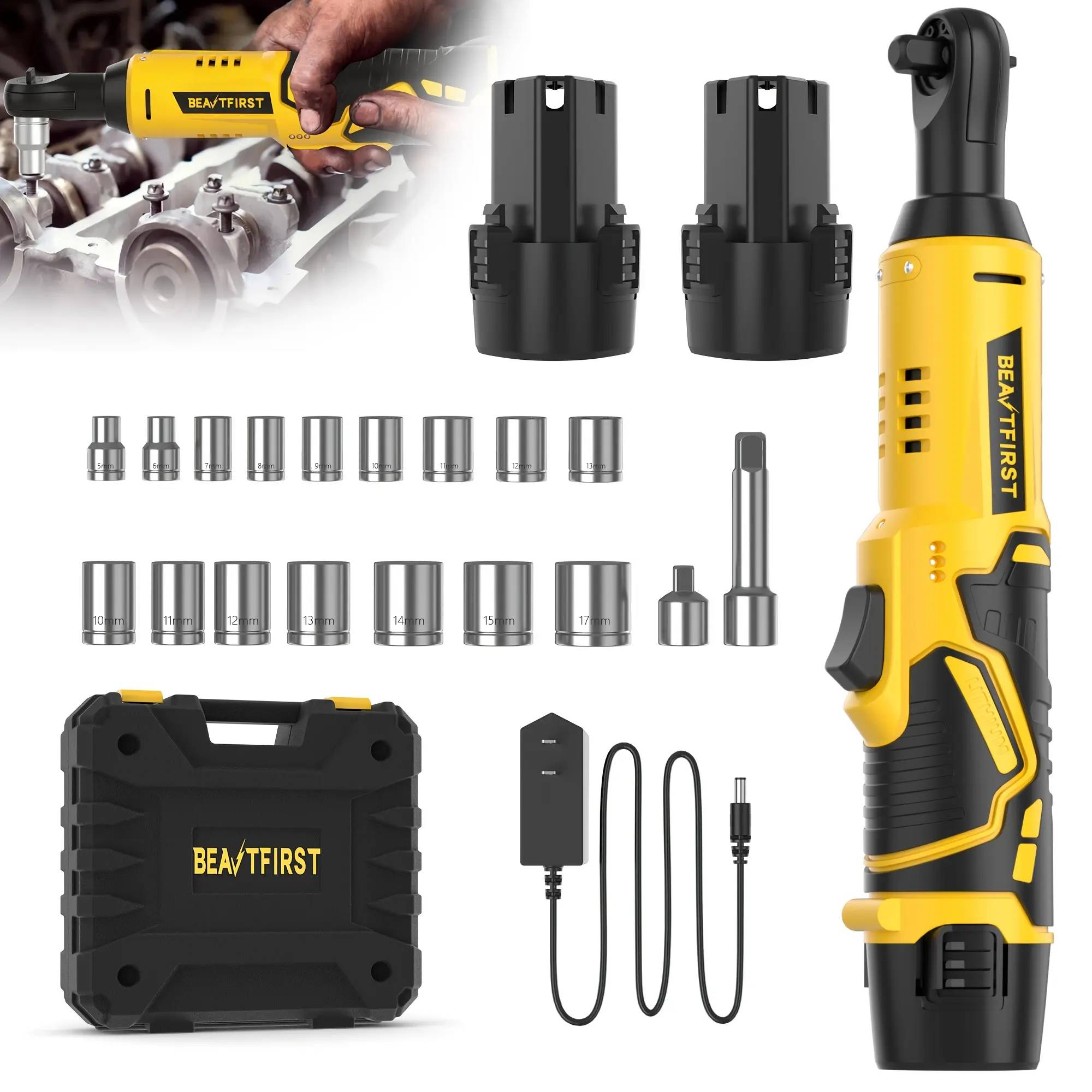 FIREHELP  3/8" Cordless Ratchet Wrench Set, 60FT-LBS(80N.m) Electric Ratchet, 12V Extended Power Ratchet Wrench with Variable Speed, 6 Sockets, LED Light, 1/4" Adapter,1/2" Adapter,2 Batteries, Best Christmas and New Year Gift Ideas for Everyone