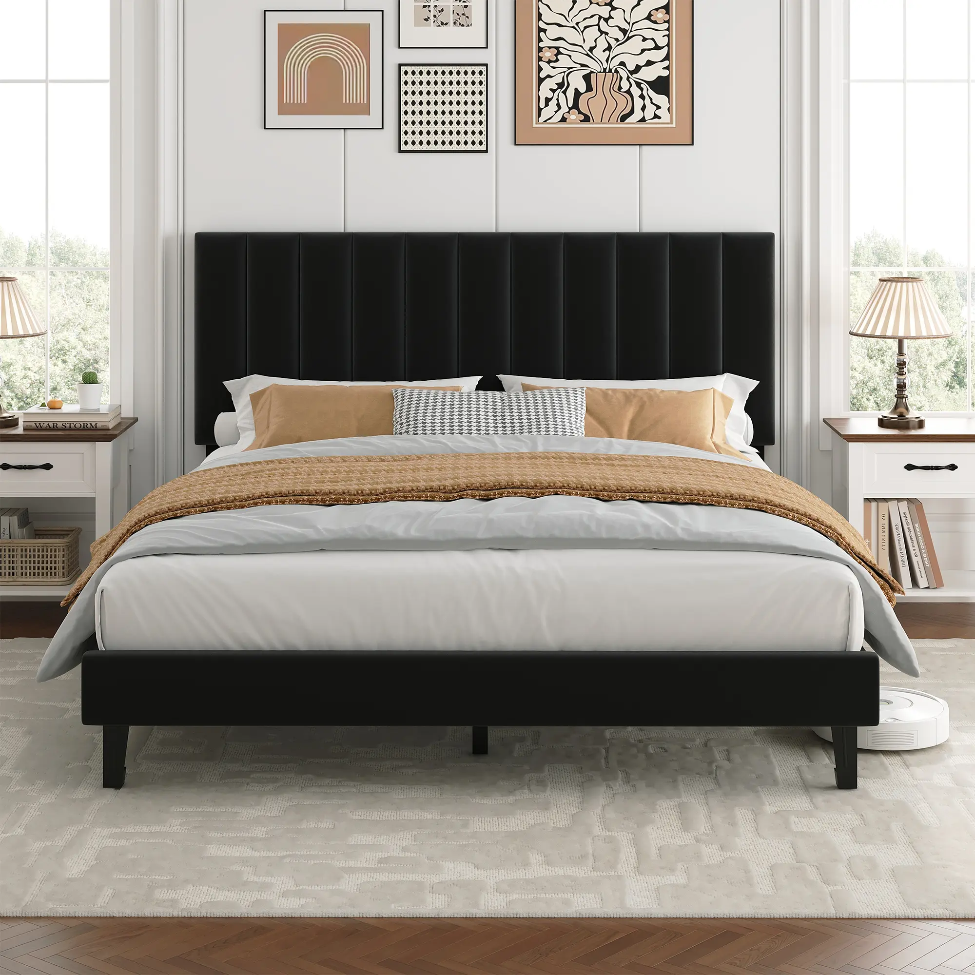Velvet Upholstered Bed Frame with Adjustable Tufted Headboard, Platform Design, No Box Spring Required, Easy to Assemble Black Full Queen King Size