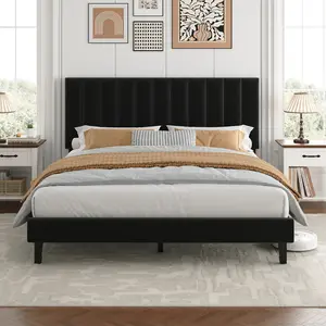 Velvet Upholstered Bed Frame with Adjustable Tufted Headboard, Platform Design, No Box Spring Required, Easy to Assemble Black Full Queen King Size