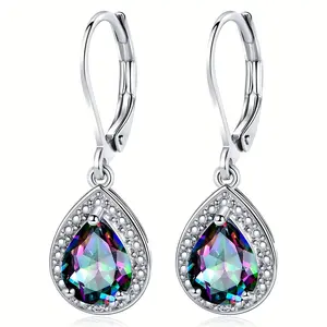 GEMSME 18K Golden Plated Teardrop Dangle Leverback Earrings for Women Rainbow Quartz with Halo Hypoallergenic Lightweight Wedding Valentines Day Mother Birthday Gift
