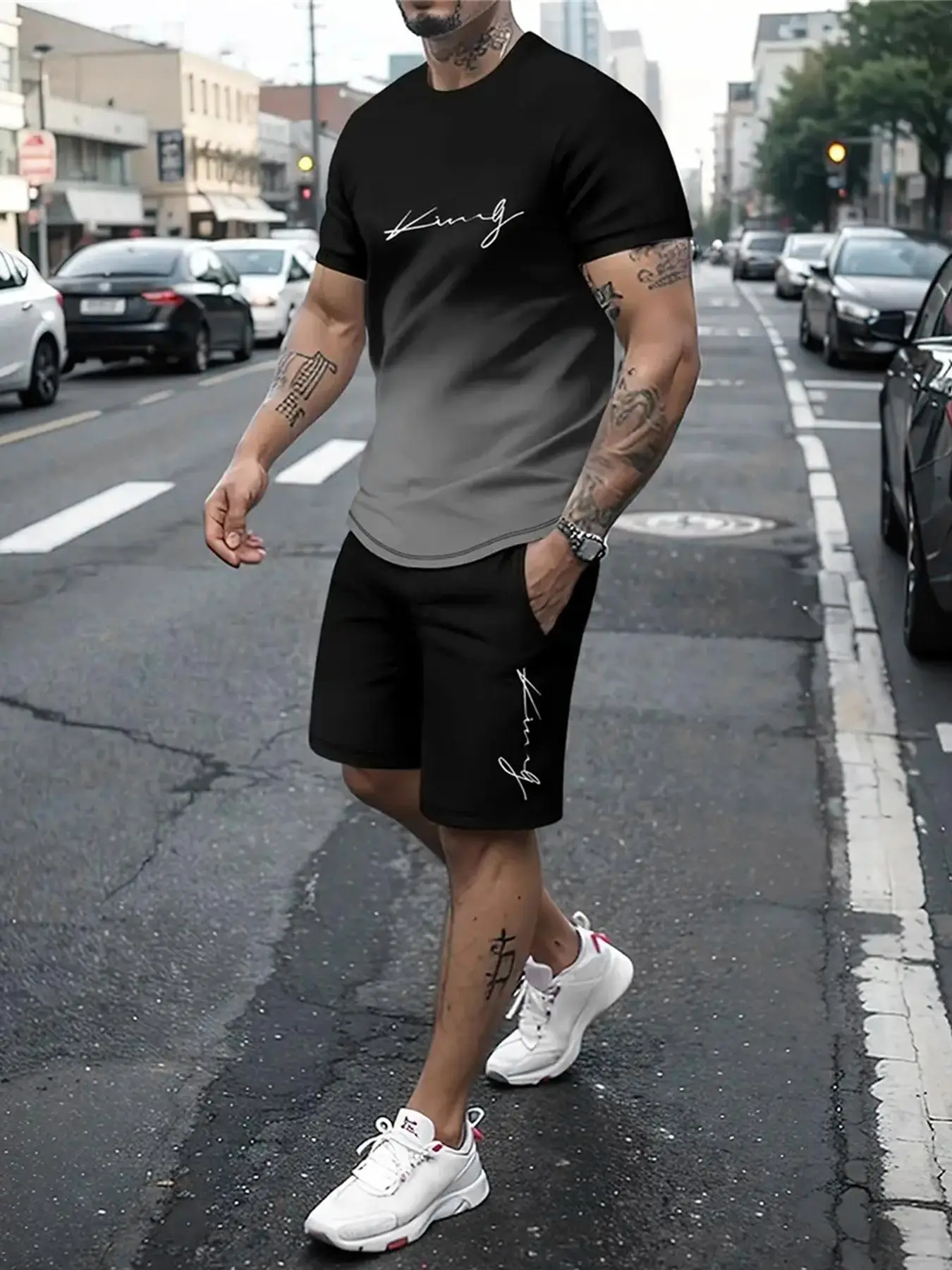 Two Counts Men's Ombre Letter Print Short Sleeve Tee & Plain Drawstring Waist Shorts Set, Regular Fit Casual Round Neck T-shirt & Pocket Track Shorts,