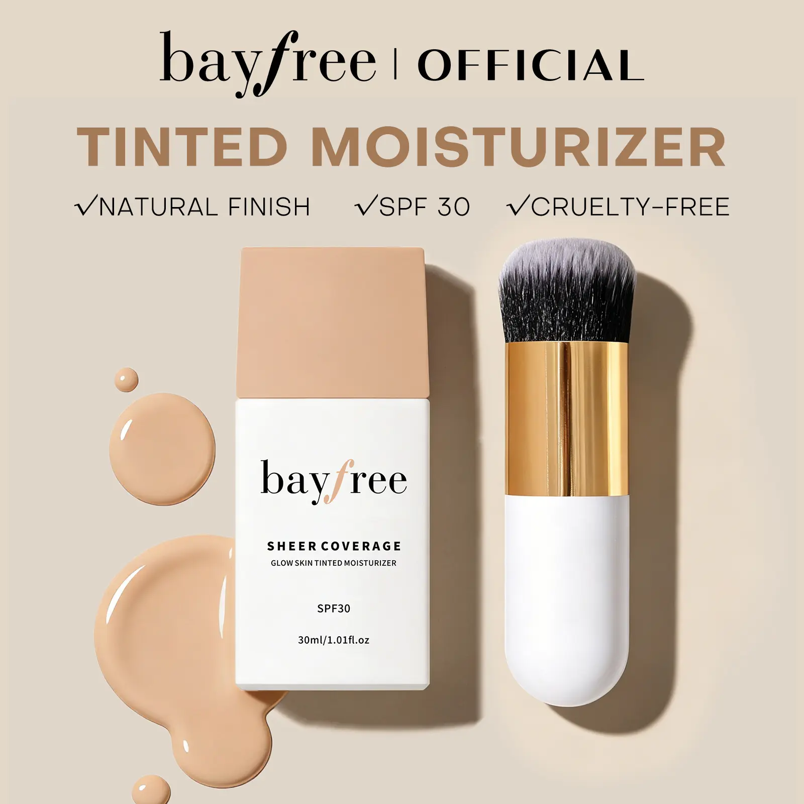 bayfree Tinted Moisturizer SPF 30 - Vegan Non-Toxic Facial Sunscreen with Moisture, Sheer Buildable Lightweight Breathable Formula, Sensitive Skin-Friendly, Dewy Radiant Glow for Daily Adult Use