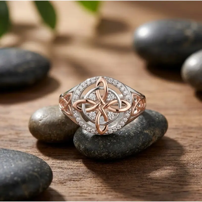 Rose Gold Plated Witch’s Knot Ring, Original Celtic Knot , Cubic Zirconia Decorated Witch Knot Ring, Witchtok Pagan for Devotion and Protection, Valentine’s Day Gift magnetic field therapy durable stylish gift inspirational jewelry brass chain metal