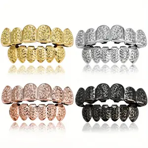 Stainless Steel Hipster Decorations Set - Carved Pattern Hip Hop Tooth Socket, Halloween Dress Up, Temporary Veneer Ear Accessories - Masks