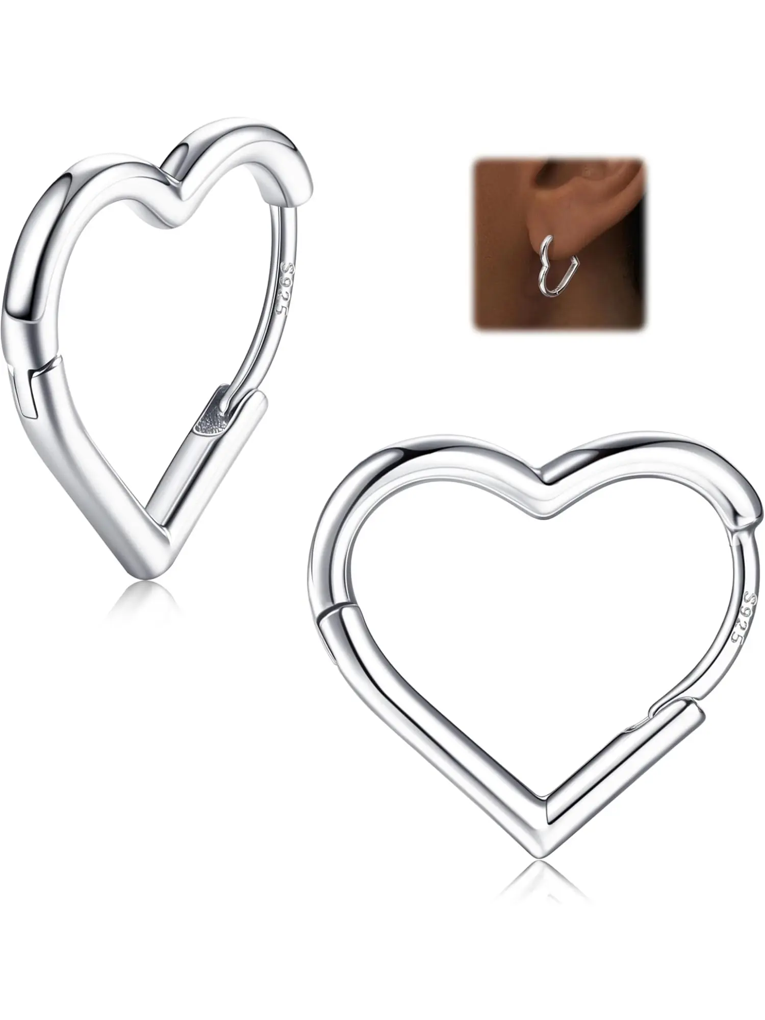 2 Pcs 925 Sterling Silver Heart Hoop Earrings for Women Girls 14K Gold Earrings Cute Small Heart Hoops Drop Love Earring Rosegold Lightweight Sleeper Earrings Silver Earrings Women Heart Shaped Earrings 16MM Earrings Jewelry