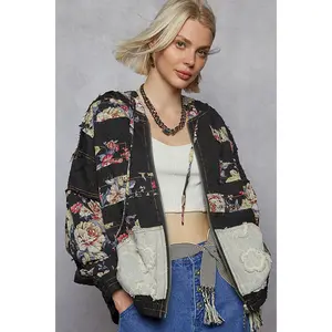 POL Zip Up Floral and Lace Patch Washed Jacket