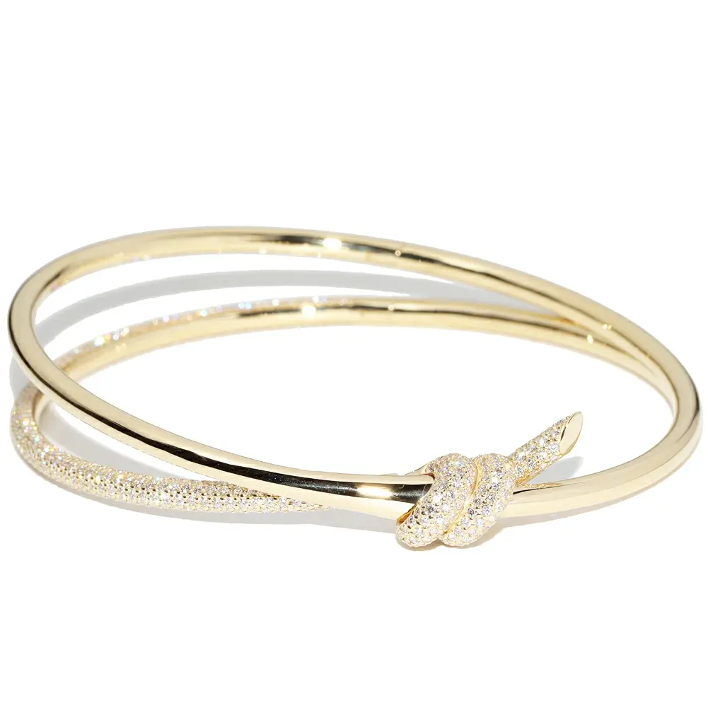 Pre-owned Tiffany & Co. 18K Yellow Gold (Au750) Small Leather Goods Tiffany Knot Double Row Au750 Diamond Bracelet Size 17