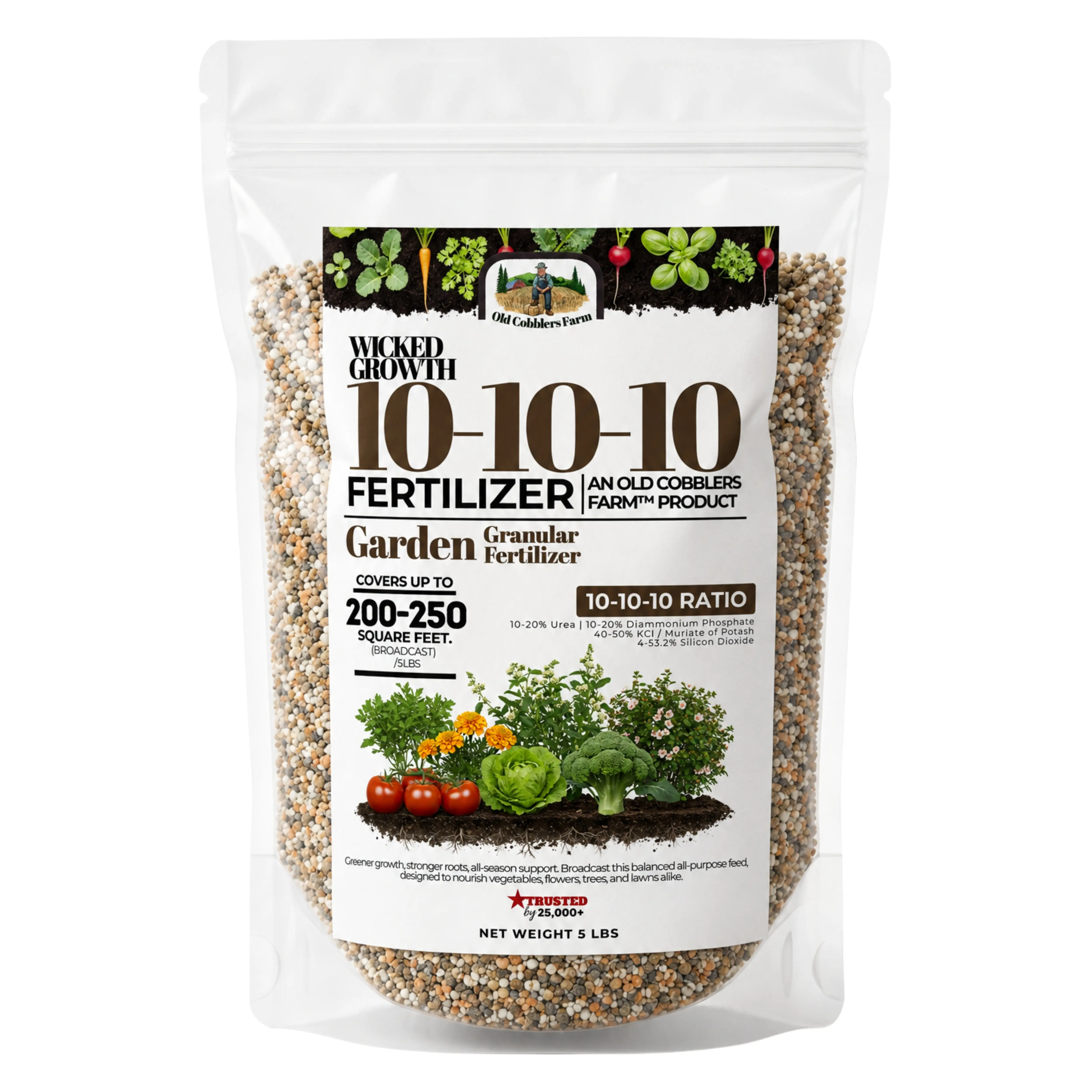 Old Cobblers Farm Wicked Growth 10-10-10 Fertilizer, Balanced Triple 10 Granular Plant Food for Vegetables, Flowers, Trees, Shrubs, Evergreens and Lawns, Fast Acting Garden and Landscape Feed