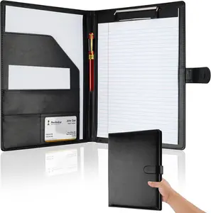 Professional Padfolio with Clipboard, Faux Leather Portfolio Folder Binder, Legal Pad Holder for A4 Letter Size Notepad, Resume, Writing Pad, Ideal Organizer for Business Office Conference, Black MOWPOG