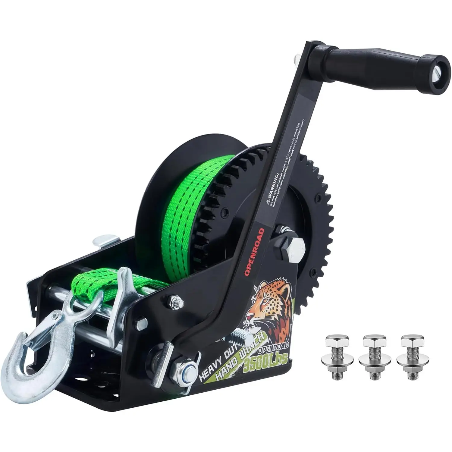 OPENROAD Heavy Duty Boat Trailer Hand Winch - 3500LB Capacity, 32FT Green Strap, 2-Way Ratchet 4:1/8:1 Gear Ratio, Included Installation Screws, Effortlessly Tow Boat, ATV