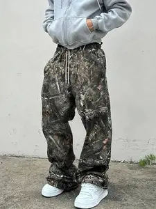 Men's Casual Camo Long Pants, Loose-Fit Drawstring Wide Leg, All-Season Comfortable Fabric, Stylish Letter Print Design, Camouflage Print Pants