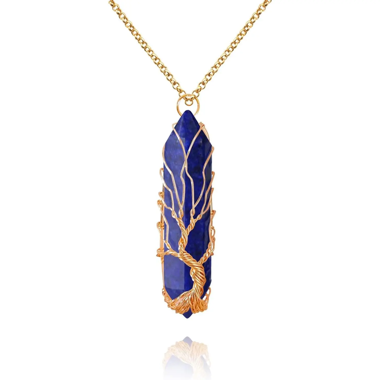 Women’s Amethyst Crystal Tree of Life Wire-Wrapped Natural Stone Hexagonal Point Pendant Necklace, Reiki Spiritual Quartz Gemstone Costume Jewelry for Men