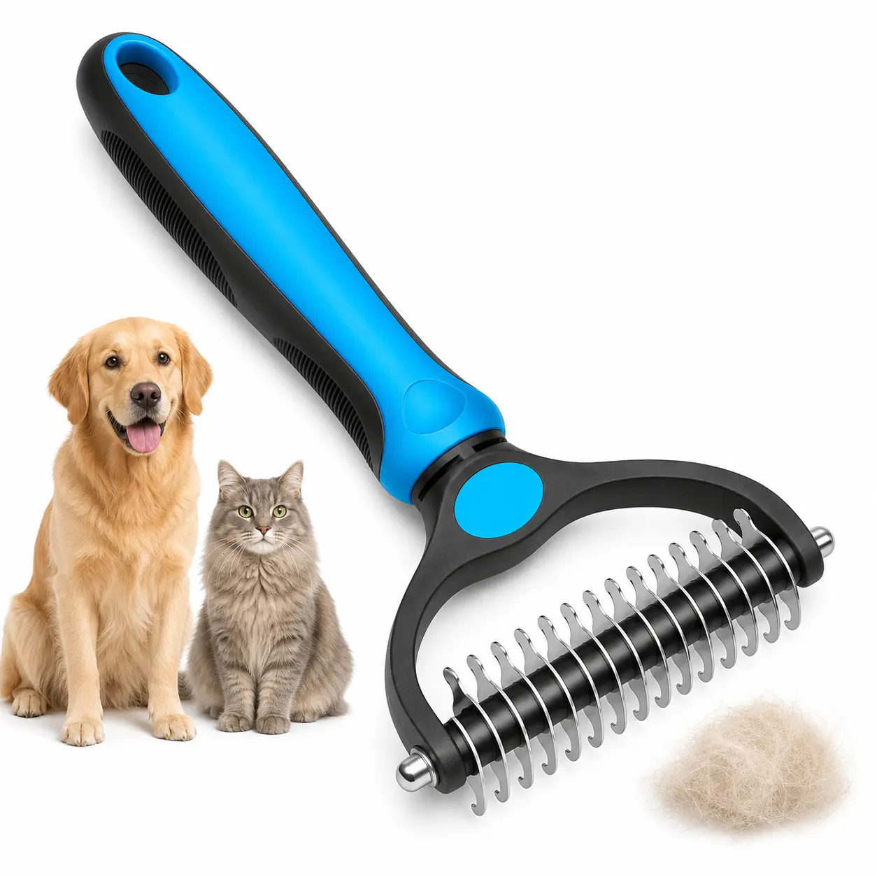 Double-Sided Dog Deshedding Brush Groomer Tool - 17-Tooth Stainless Steel Rake Side, 3.9in W (2.6in Brush Part), 6.7in L Undercoat Comb, Gentle on Fur Beauty/Hair Care Aid, Reduces Shedding, Prevents Pulling, Removes Flying Hair, All Seasons Use