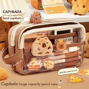 Cute Capybara Themed Stationery Gift Set, Pencil Bag with Zipper - Beautiful Canvas Bag, Transparent Office School Supplies Organizer, Includes Brooches, Stickers, Charms And Notepads