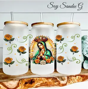 Virgen & Orange Roses - UVDTF Wrap for cups/hard surfaces sticker Adhesive Vinyl Decal Mexican Decal