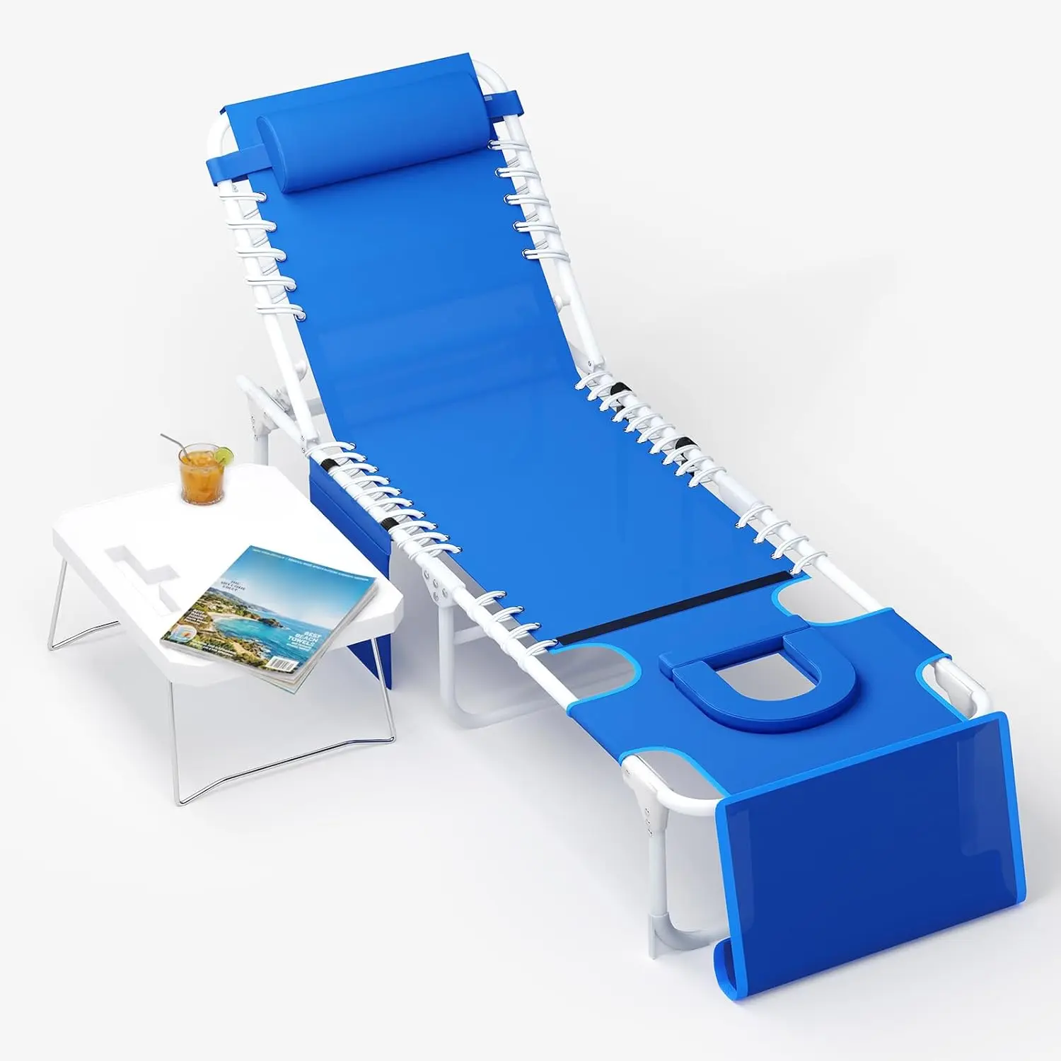 Tanning Chair With Face Hole 3-in-1 Beach Lounge Chair With Folding Table 5-Position Reclining Chair With Removable Pillow For Pool Patio Blue