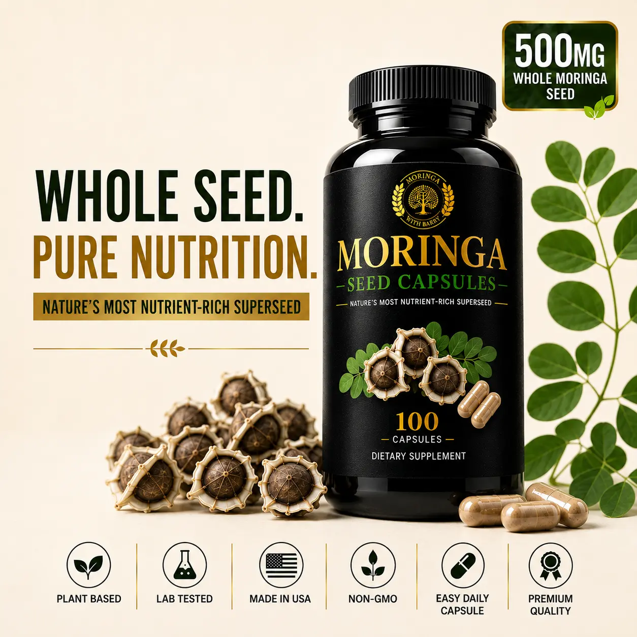 Moringa Seed Capsules | Whole Moringa Oleifera Seed Powder | 500mg Plant-Based Supplement | Non-GMO | Lab Tested | Made in USA | 100 Capsules