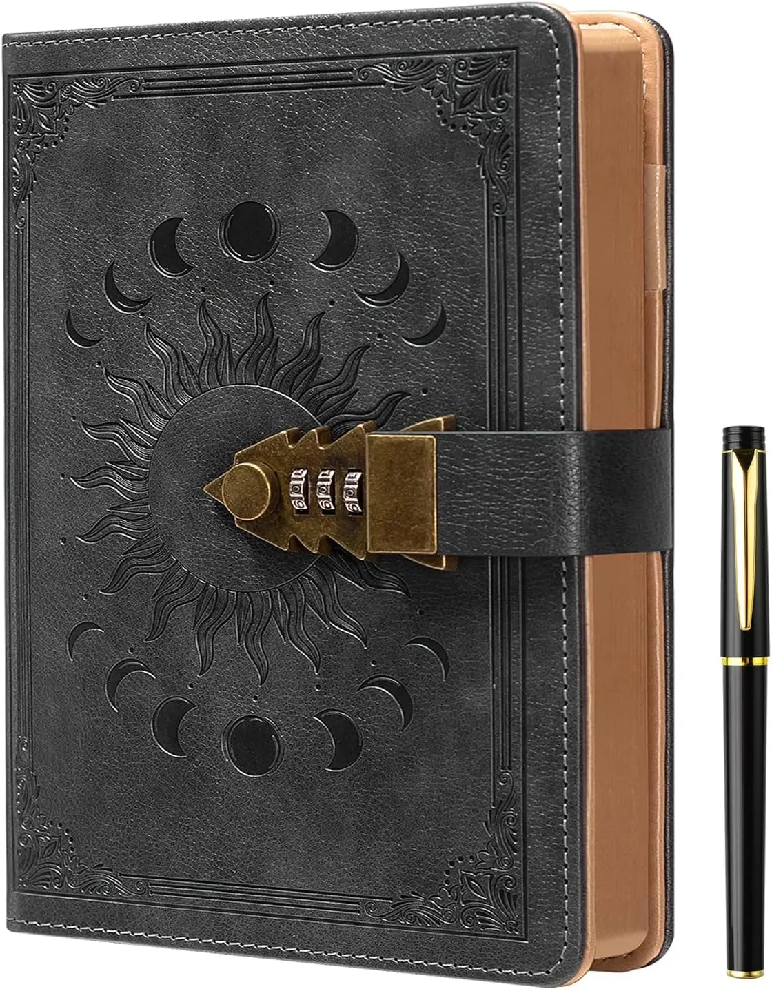 Lock Diary for Women & Men with Pen, A5 240 Pages Journal with lock,  Edge Refillable Leather Journaling Notebooks, (8.5  5.9 Inch) Dark Grey