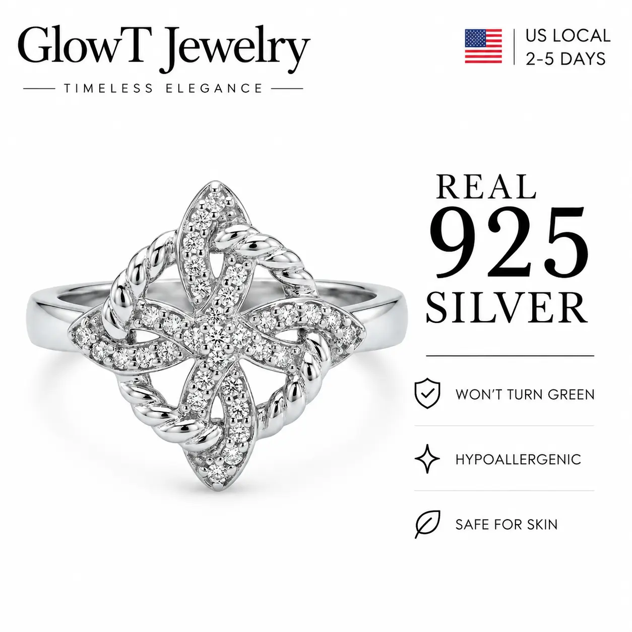 925 Sterling Silver Knot Ring with Witch Knot and Celtic Knot Design, Elegant and Stylish 5A Cubic Zircon Jewelry for Women, Unisex Ring Love Couple Ring Gift for Girls, Birthday Valentine's Gift for Witches, Pagan, Daily Wear and Party Jewelry