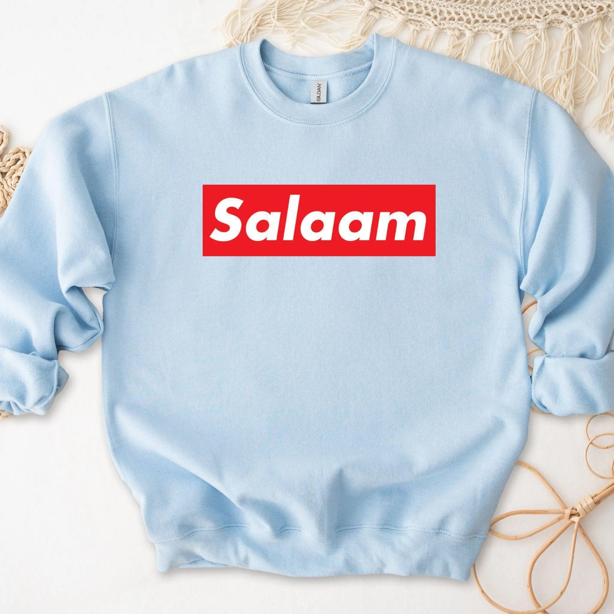 Salaam Sweatshirt by Humraha | Desi Arab Muslim Fashion Apparel Gifts for Ramadan Eid Nikkah Wedding Couples Families New Moms Aunts Uncles Grandparents | Pakistan India Bangladesh Palestine Lebanon Egypt Syria
