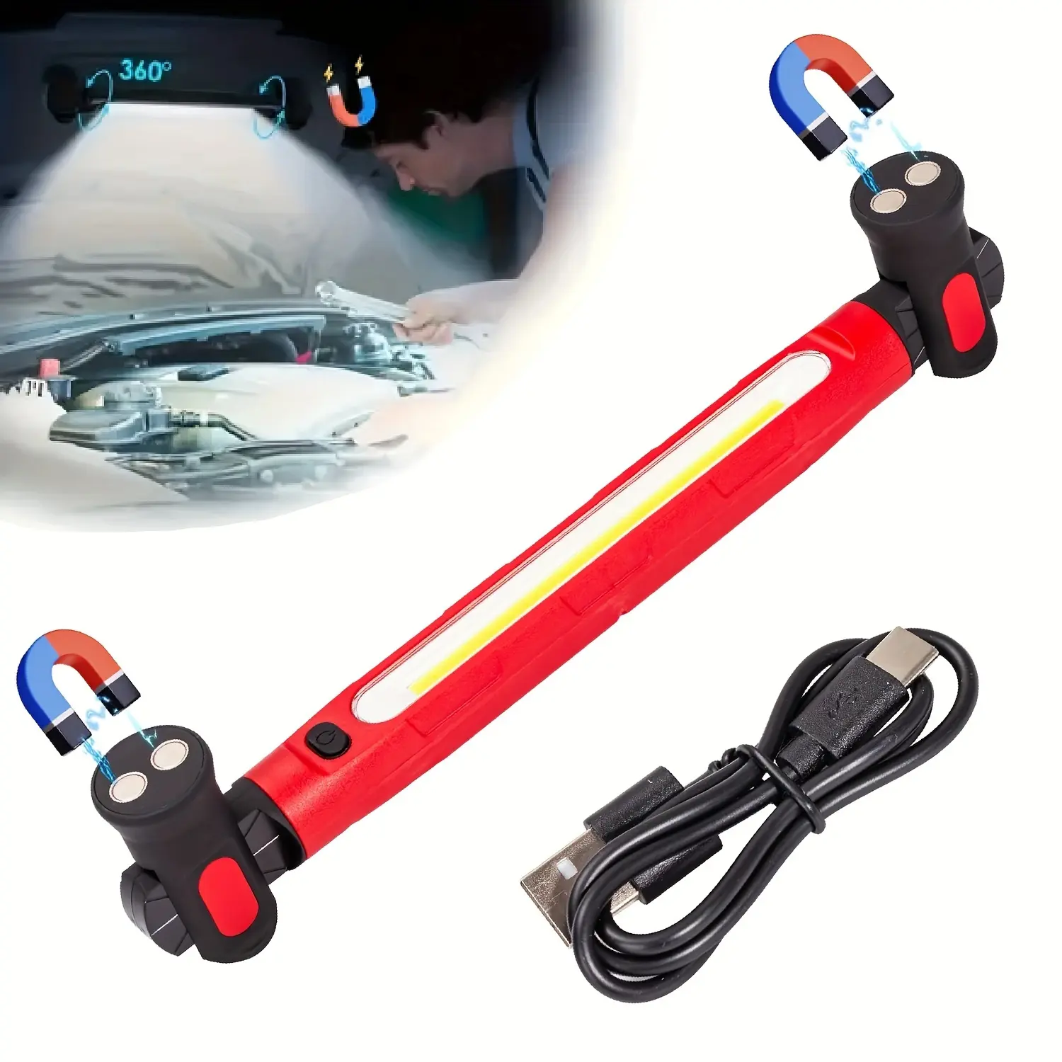 Rechargeable LED Magnetic Work Light with Hook, 3 Lighting Modes, USB Power Output - Portable Underhood Car Repair Compact Spotlight, Magnetic Flashlight for Vehicle Maintenance, Home Use