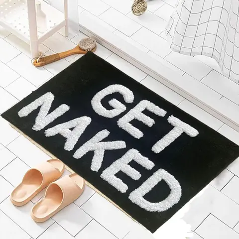 Black and White Microfiber Bath Mat with "GET NAKED" Text Print - Soft Absorbent Mats, Anti-Slip Water-Resistant, Quick Drying, Super Soft, Machine Washable Home Vanity Floor Liner (Bathroom, Living Room) Microfiber Bath Rugs, Microfiber Bath Rugs Quick D