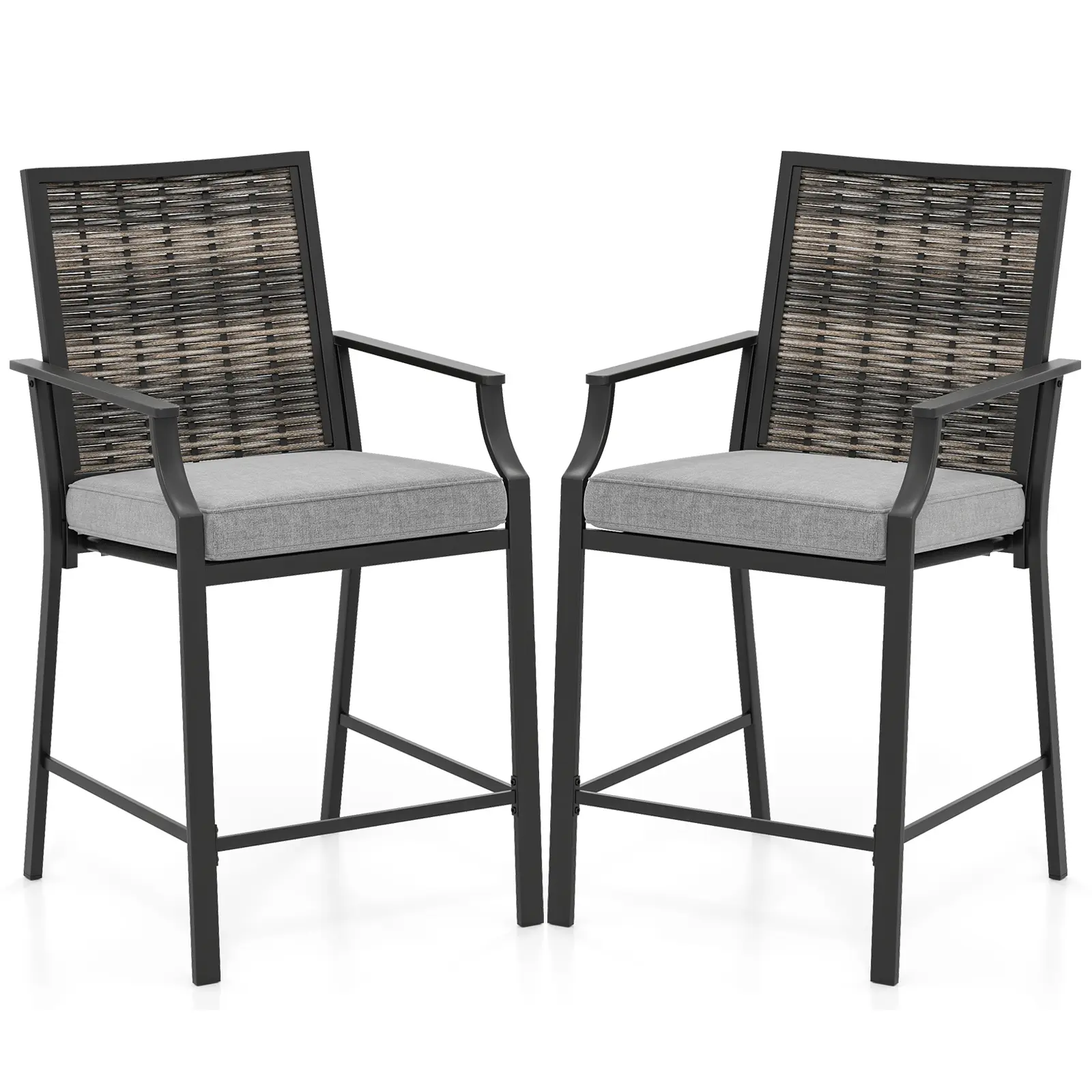 COSTWAY - Patio Bar Stools Set of 2 Counter Height Rattan Bar Chairs with Armrest-Grey