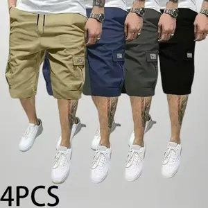 Men’s 4-Piece Shorts Set – Khaki/Black/Navy Blue/Green with Diagonal Cargo Pockets – Versatile Design for Casual Wear – Everyday Use – Men’s Cargo Shorts, Summer Clothing