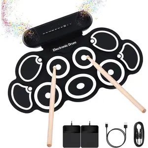 Drum Set, 9-Pads Roll-Up Electric Drum Pad Kit with Headphone Jack 10Hrs Playtime Built-in Speaker with Drumsticks Pedals, Xmas Birthday  for Adults,Student (Black)
