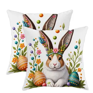 Jit 2pcs 2D Flat Rabbit Throw Pillow Covers, Spring Festive Flowers, Easter Eggs, Pastel Soft Velvet, Washable, Living Room Decor, Bedroom Decor