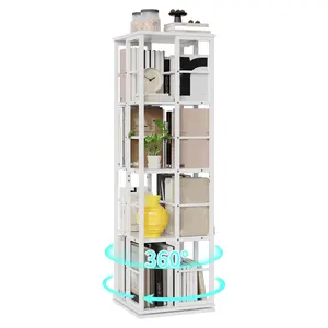 GAOMON 4-Tier Square Rotating Bookshelf, 360° Spinning Bookcase Tower with Stable Base, Modern Space Saving Corner Shelf for Living Room, Study, Bedroom in White