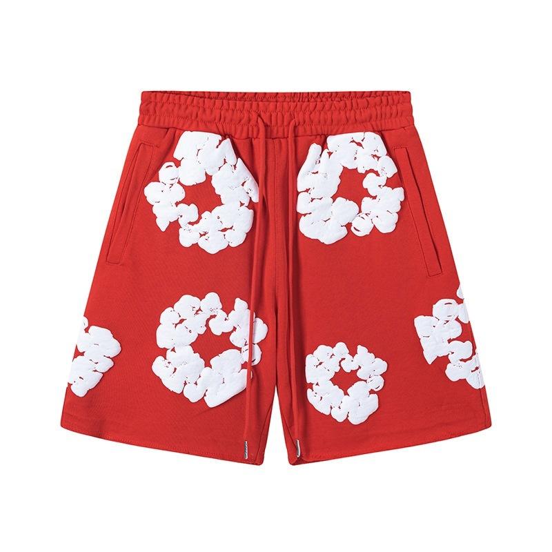 Denim Tears Kapok Foam Print Men's & Women's American High Street Loose Shorts | Brand New 3D Cotton Wreath Print Shorts | Floral Pattern Drawstring High-Waist Casual Pocket Shorts