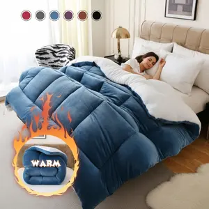 Thick Soft Comforter Plush Flannel Sherpa Extra Thick Filling Ultra Breathable All Season Double-Sided Box Stitch Solid Color Warm For Autumn Winter Bedroom Gift