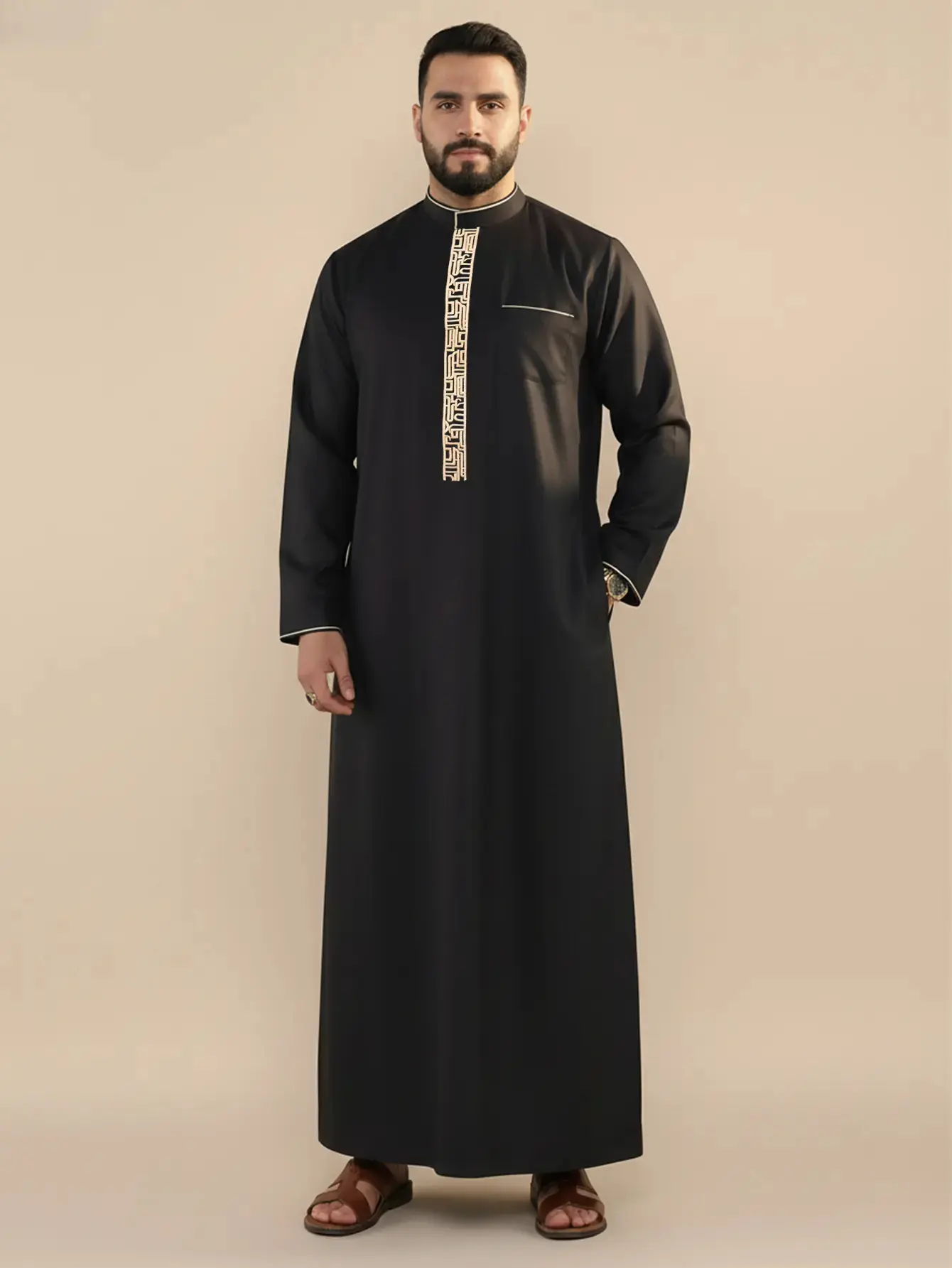 Men's Traditional Arab Thobe, Modern Embroidery Muslim Kaftan with Pocket, Islamic Robe for Daily Wear Casual Black, wardrobe staple, everyday wear, essential piece, must have item, trendy style, wardrobe essential