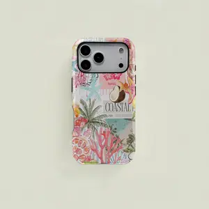 Cute pink and white striped watercolor beach patchwork pattern protective case, sturdy and durable 2-in-1 case, compatible with iPhone 17/16/15/14/13/12/11 Pro Max/Plus/Pro, Samsung Galaxy S26/S25/S24/S23 Ultra series, simple and stylish phone case.