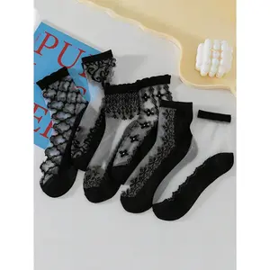 12 Pairs Women Short Socks, Lace Glass Silk, Fashion Casual, Spring/Summer Thin Breathable Moisture-Wicking Sexy Thin Socks Suitable For Daily Use & Sports