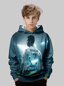 Boys Ronaldo 7 Hoodie, Graphic Hoodie, Comfortable Casual Fitted Sweatshirt, Perfect Outdoor Choice, Fall & Winter Fashion, Random Print